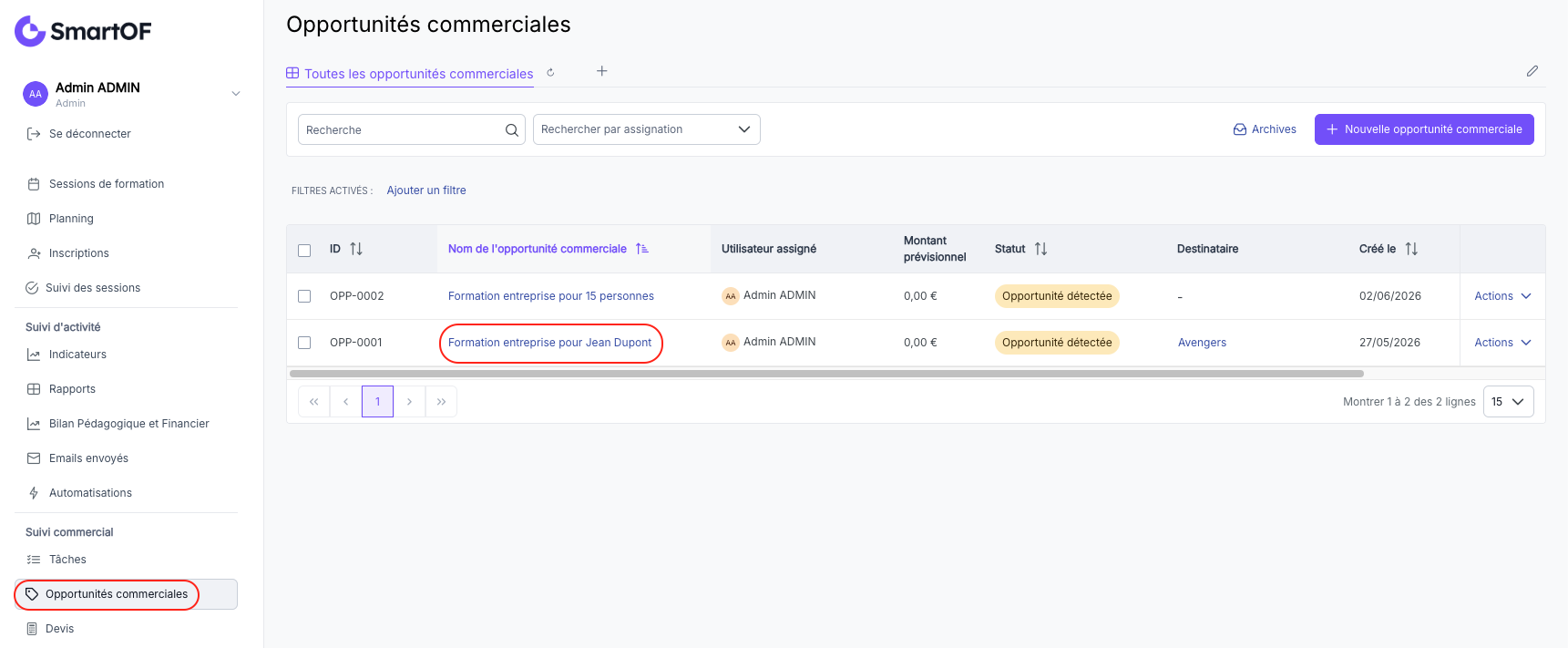 Liste des opportunités commerciales avec une opportunité sélectionnée