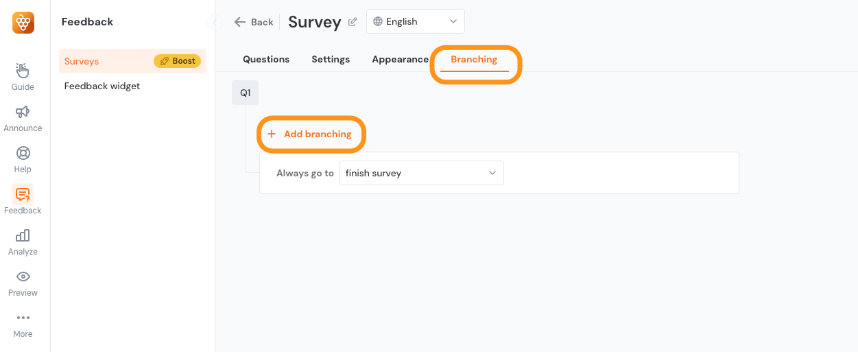 A Product Fruits survey showing the branching menu and highlighting the Add branching option