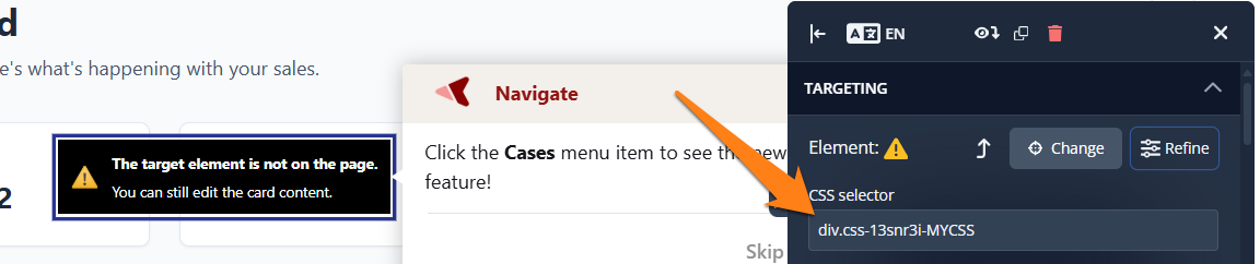 An example of a highlight element card targeting an element with a dynamic css selector