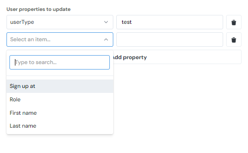 The user properties to update section of the Batch users update screen highlighting the dropdown properties menu