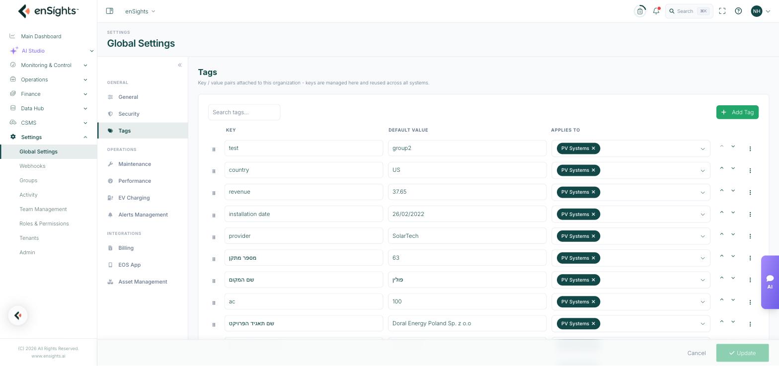 The Tags page: a search box, an Add Tag button, and a table of tag rows with Key, Default Value and Applies To columns plus reorder arrows and a row menu.