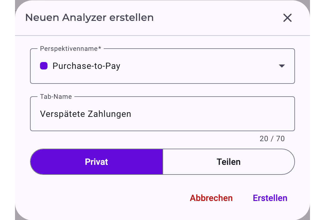 Der Dialog Neuen Analyzer-Tab erstellen mit der Perspektive Purchase-to-Pay, dem Tab-Namen Late payments und ausgewähltem Privat