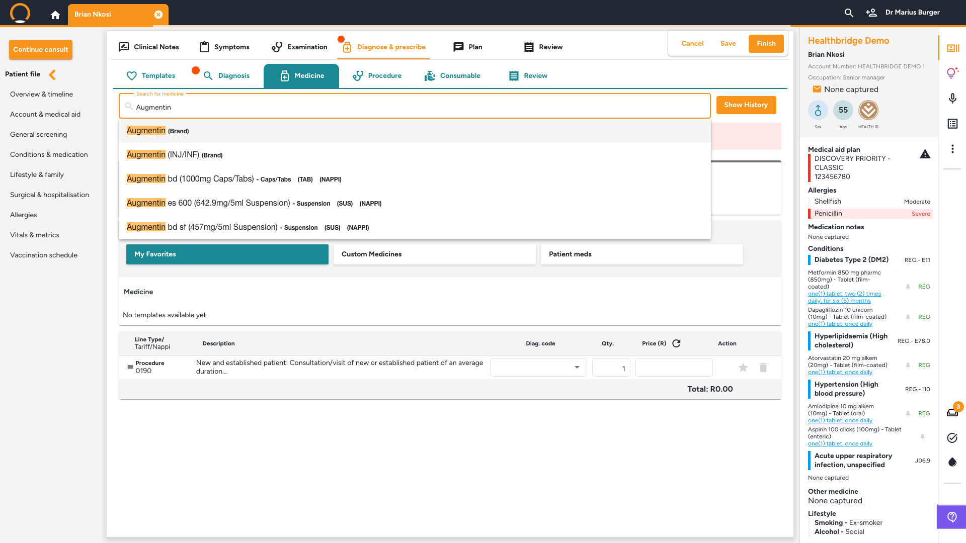Diagnose and prescribe tab with a medicine search and allergy flag visible