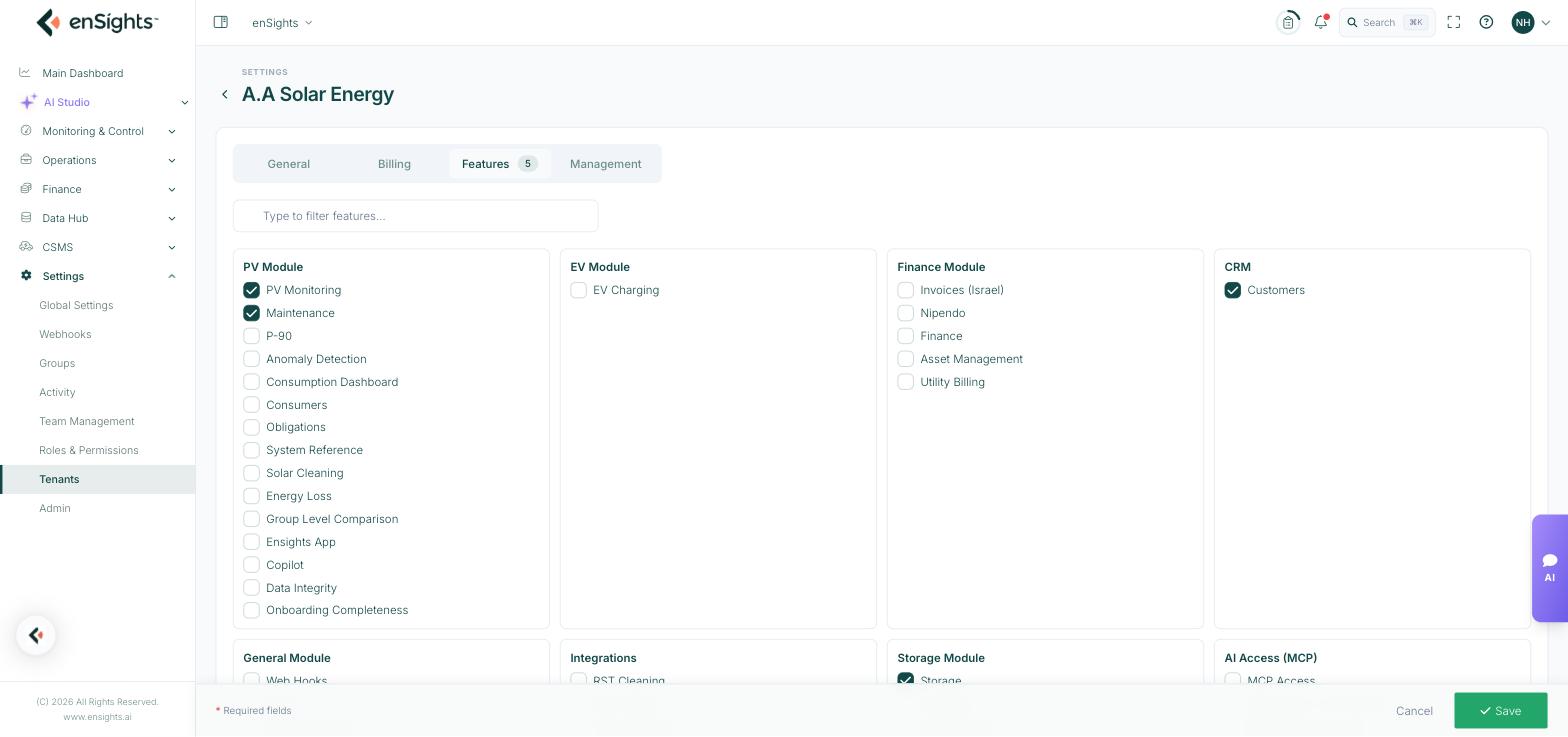 The Features tab of the tenant editor: panels of feature checkboxes for the PV, EV, Finance, CRM, General, Integrations and Storage modules, AI Access and Misc.