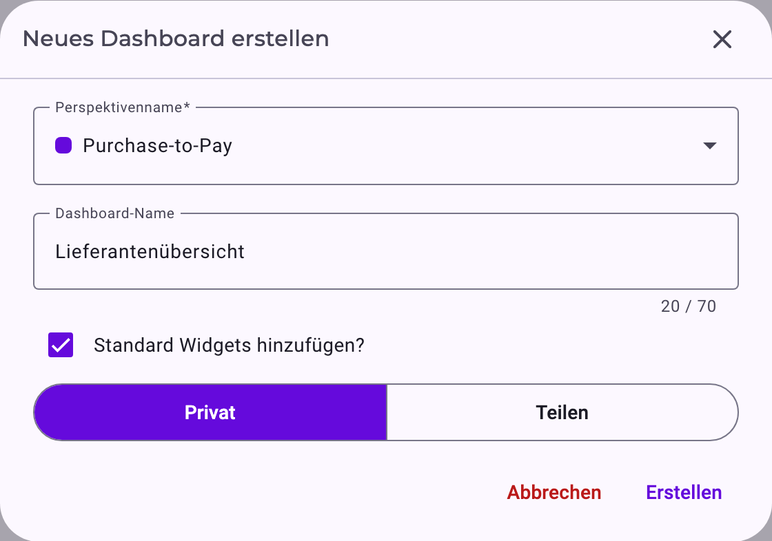 Der Dialog Dashboard erstellen mit der Perspektive Purchase-to-Pay, dem Dashboard-Namen Supplier overview, angehaktem Standard Widgets hinzufügen? und ausgewähltem Privat