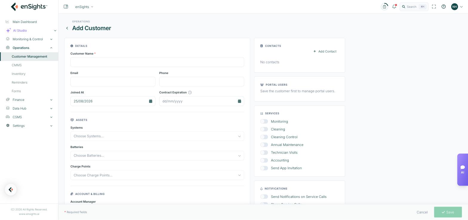 The Add Customer page with details, assets, account and billing, services and contacts.