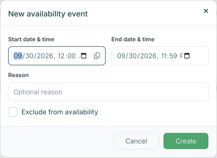 New availability event dialog with start and end date and time, reason and Exclude from availability