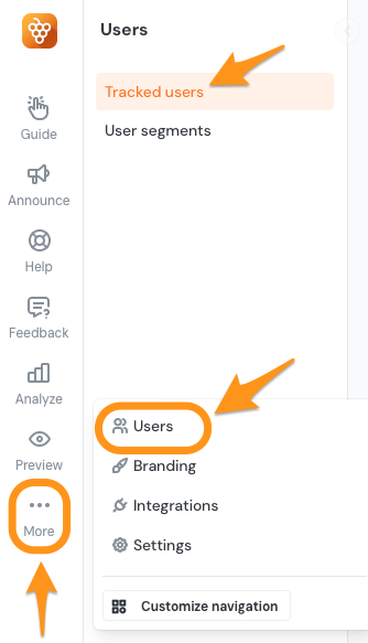 The Product Fruits administration navigation menu highlighting how to navigate to the tracked users section