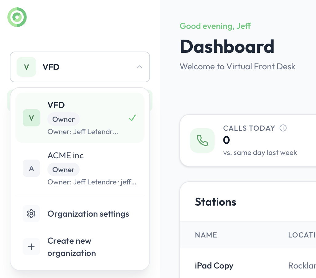 The organization menu at the top left of the dashboard