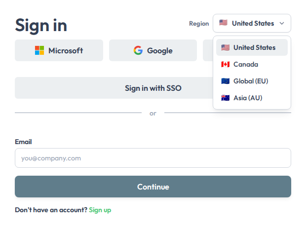 The Region menu on the sign-in page