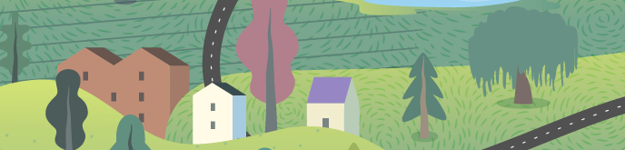 A cartoon of houses and trees

Description automatically generated