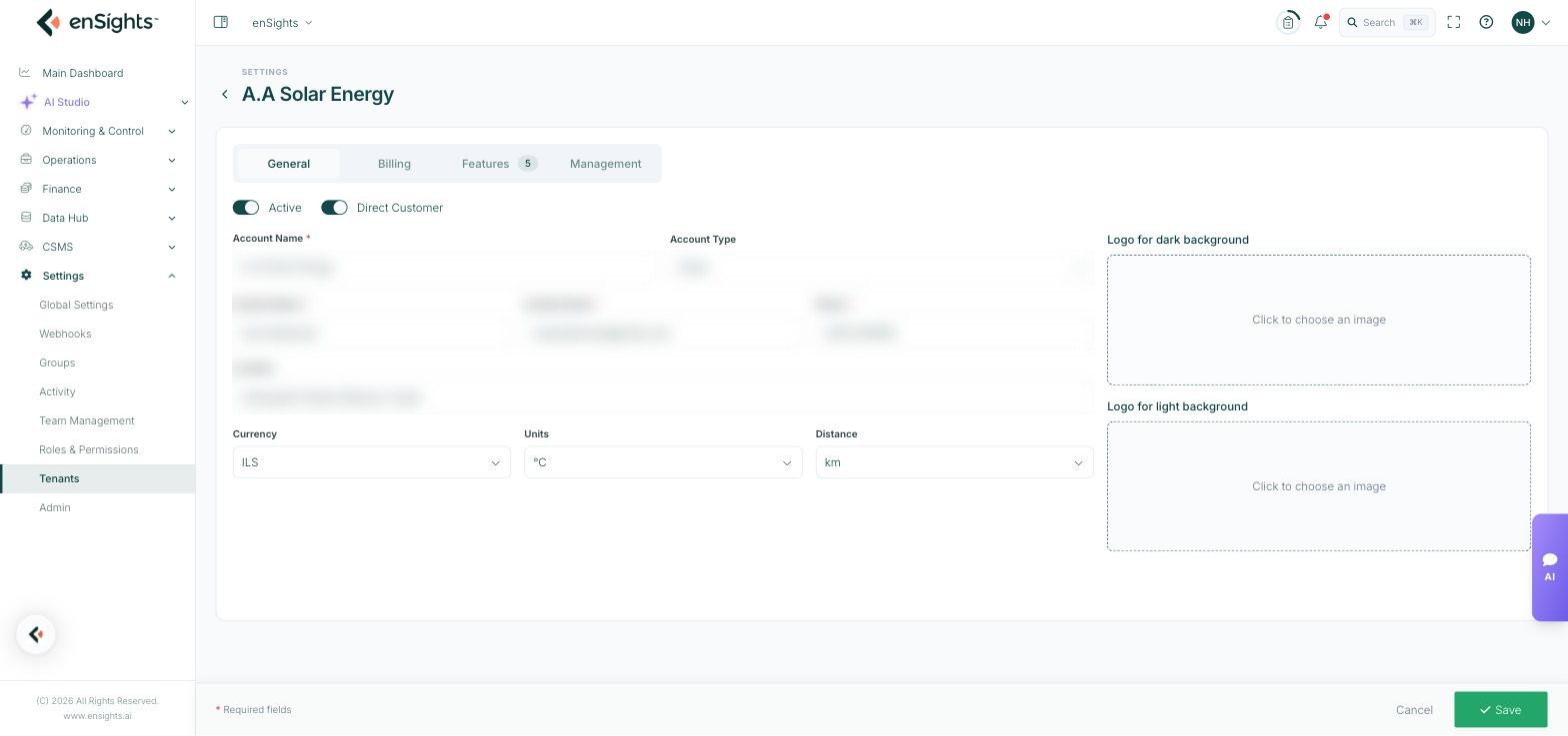 The General tab of the tenant editor: Active and Direct Customer toggles, account and contact fields, Currency, Units and Distance selectors, and upload slots for dark and light background logos (contact details blurred).