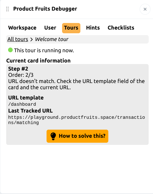 The Product Fruits Debugger showing the Tours tab