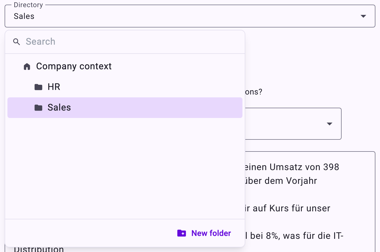 The Directory dropdown with the folder tree, a search field and a New folder button