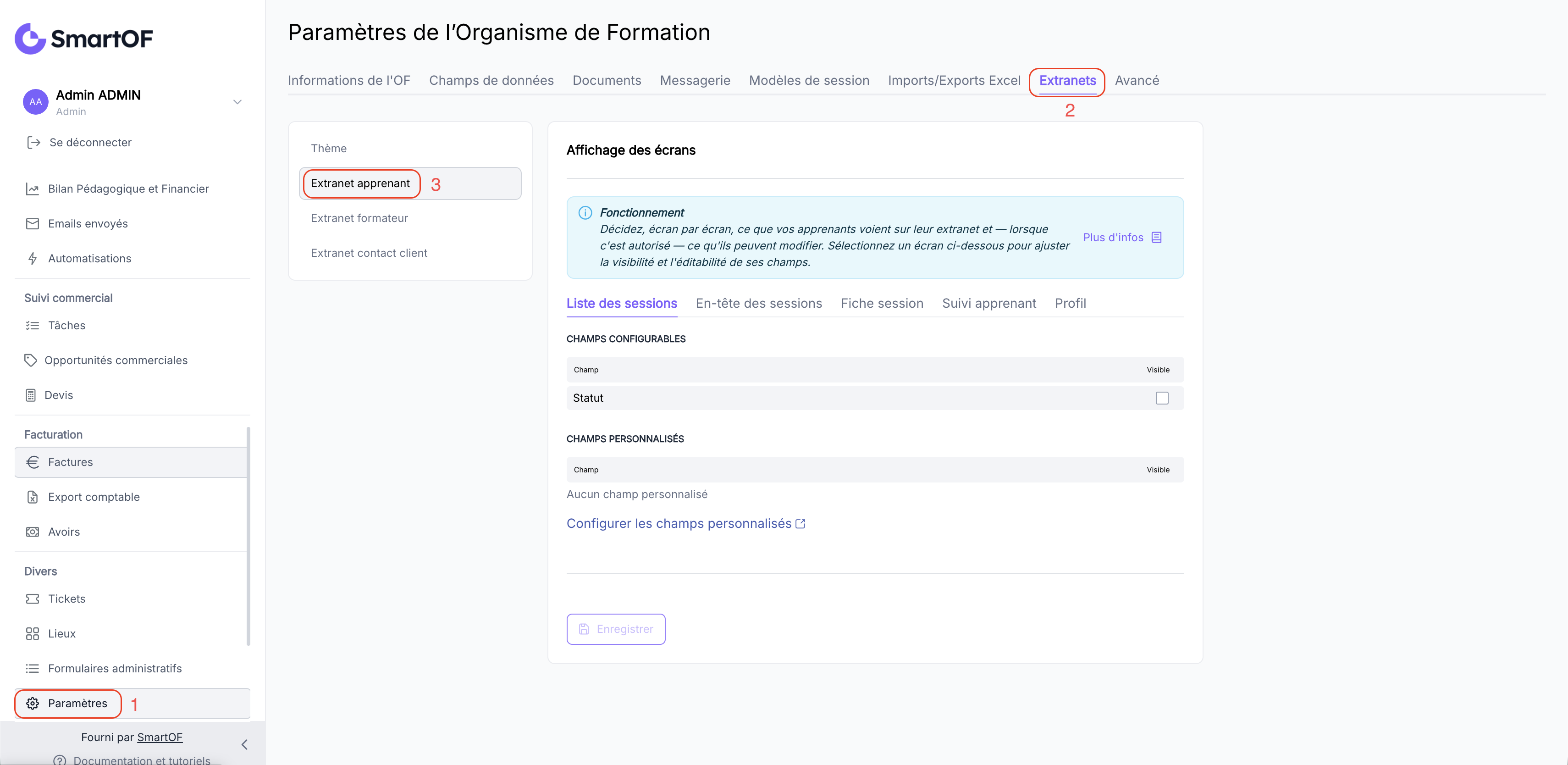Section Personnalisation des Extranets, onglet Extranet apprenant