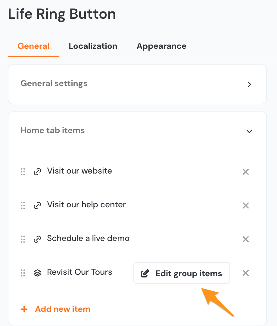 the Life Ring Home Tab Items pointing to Edit Group Items