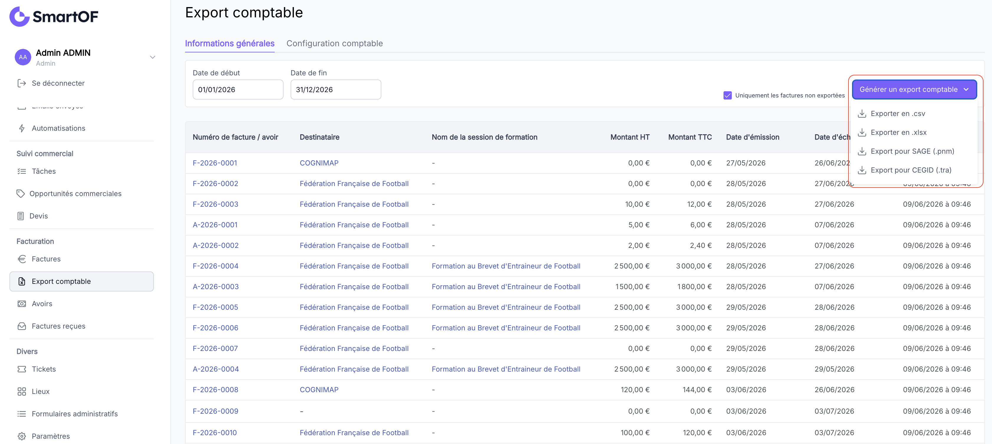 Menu déroulant du bouton Générer un export comptable avec les 4 formats