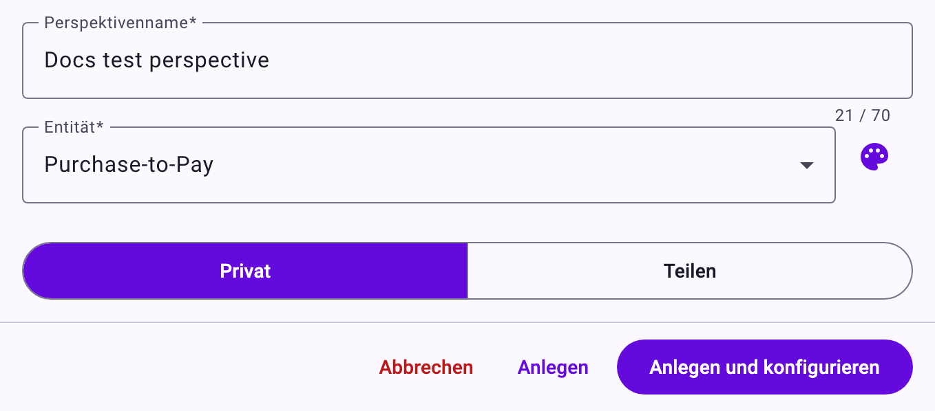 Das Panel für eine neue Perspektive: Perspektivenname Docs test perspective, Entität Purchase-to-Pay mit dem Palettensymbol für die Farbe, Privat ausgewählt, und die Buttons Abbrechen, Anlegen und Anlegen und konfigurieren