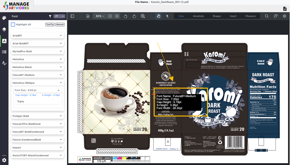 Hover to extract font details on packaging artwork