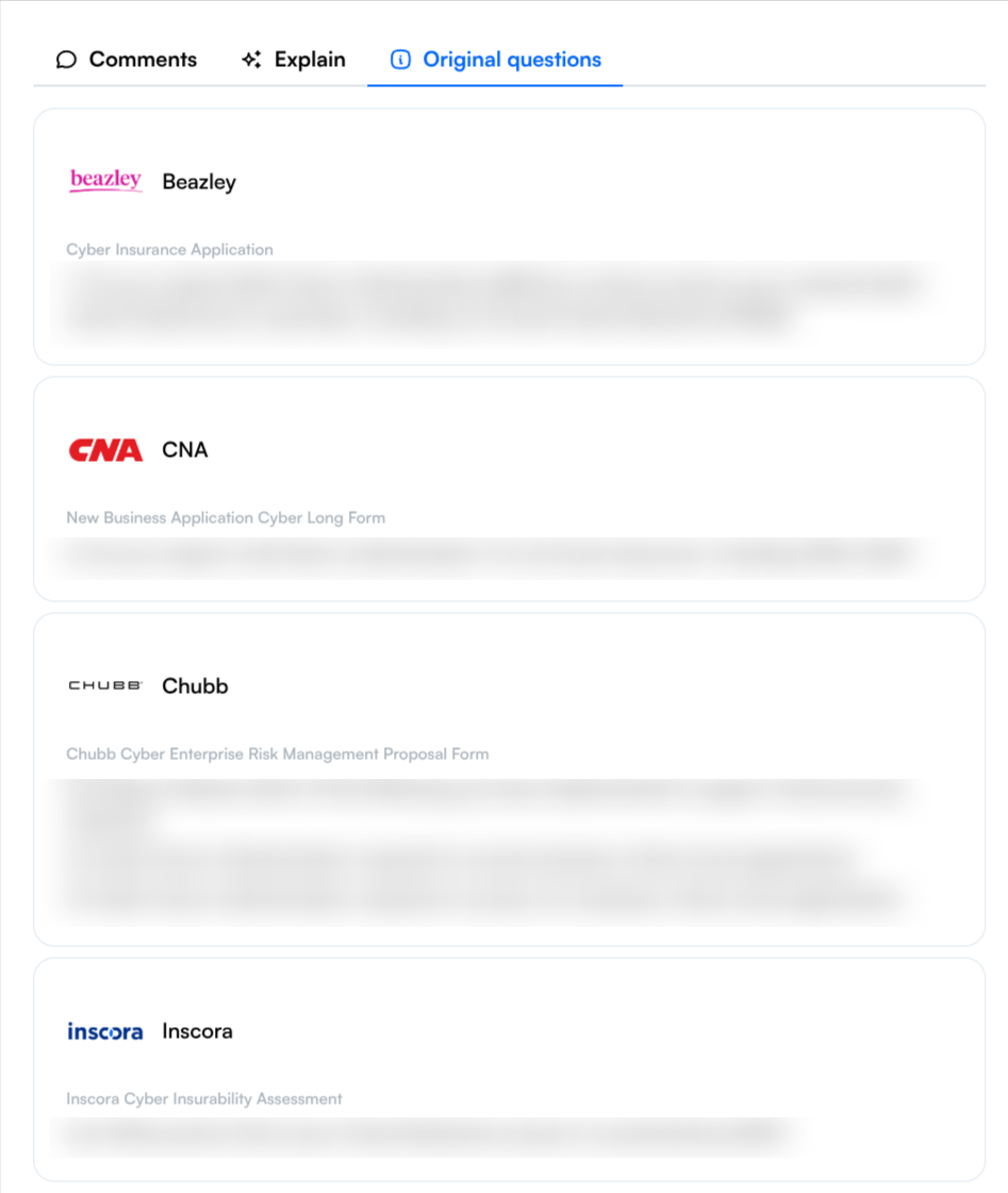 Original Carrier Questions panel listing the verbatim wording for the same unified question across multiple carriers, with a card per carrier (Beazley, CNA, Chubb, and Inscora) each showing the source form name.