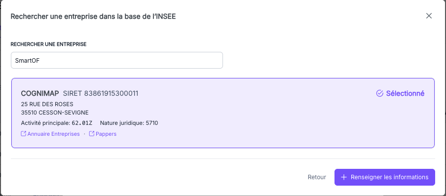 {Fenêtre de recherche INSEE avec un résultat sélectionné}