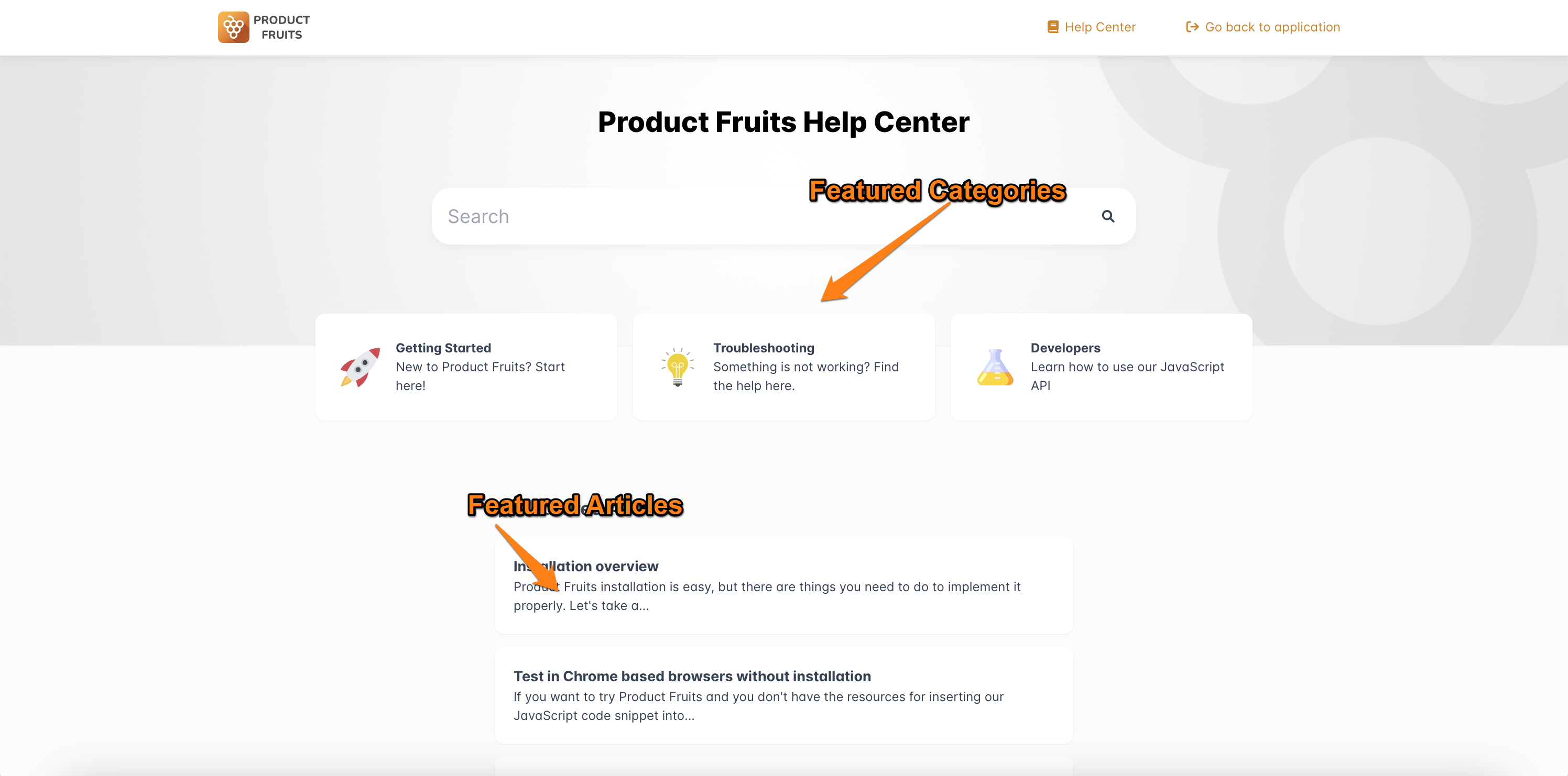 The Product Fruits Help Center highlighting featured categories and featured articles