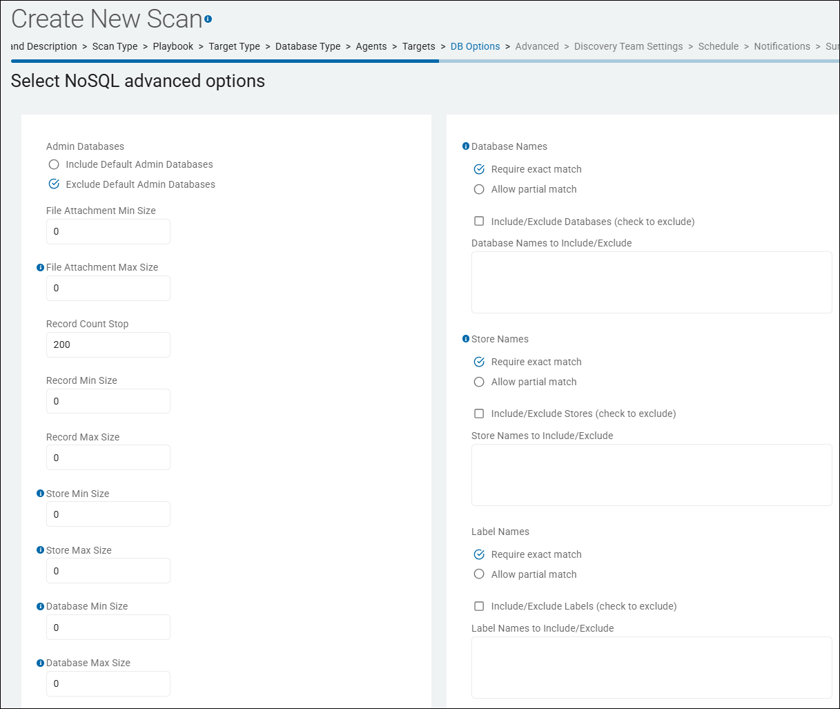 Select NoSQL advanced options