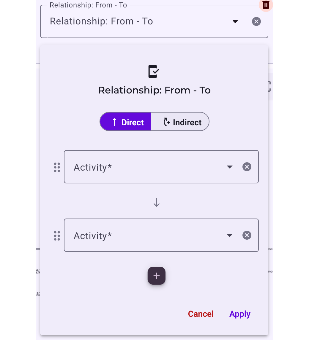 The settings of a Relationship: From - To filter: the switch Direct / Indirect and two Activity fields, with + to add a further activity, Cancel and Apply