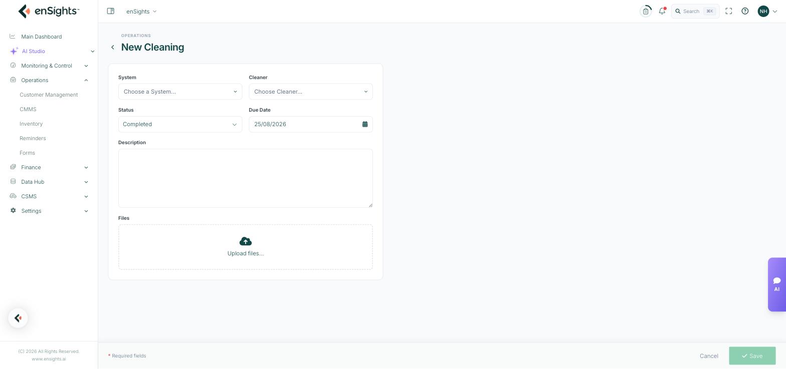 The New Cleaning form with system, cleaner, status, due date, description and file upload.