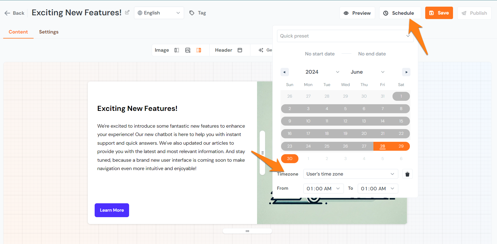 The scheduling feature for popups showing the length of time and timezone to publish in options