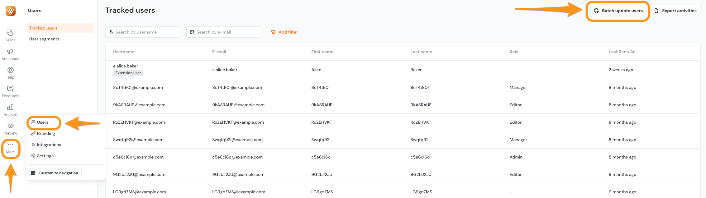 The tracked user page of the Product Fruits administration highlighting the Batch update users tab