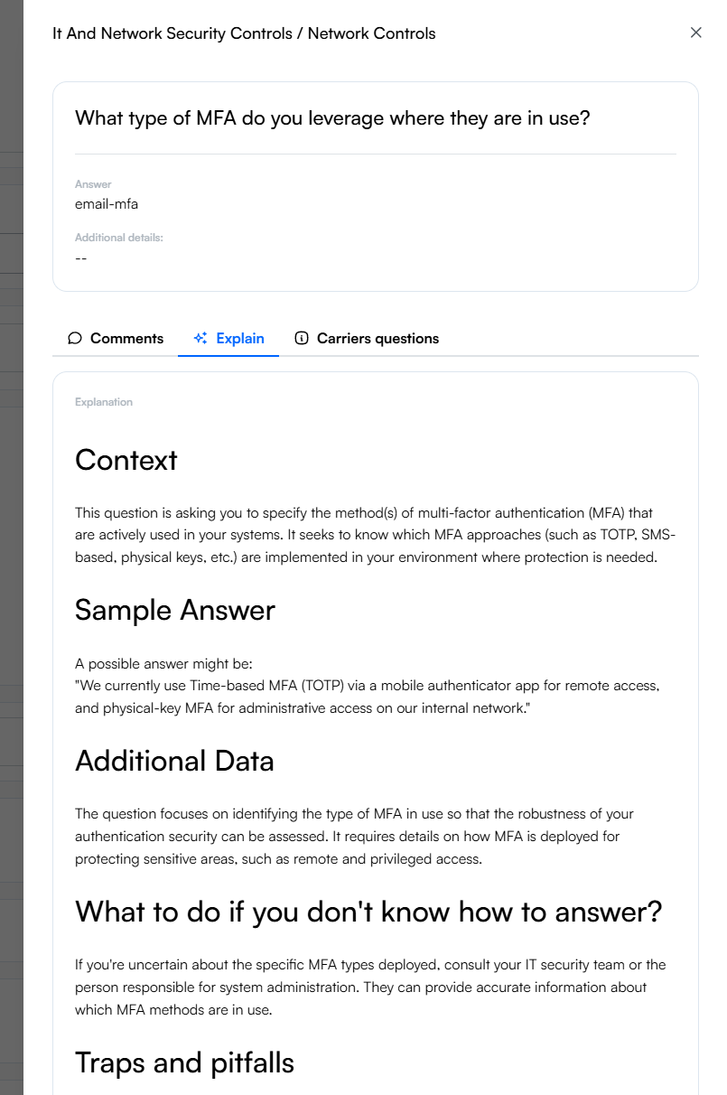 Explain panel open for an MFA question, showing Context, Sample Answer, Additional Data, What to do if you don't know how to answer, and Traps and pitfalls sections.