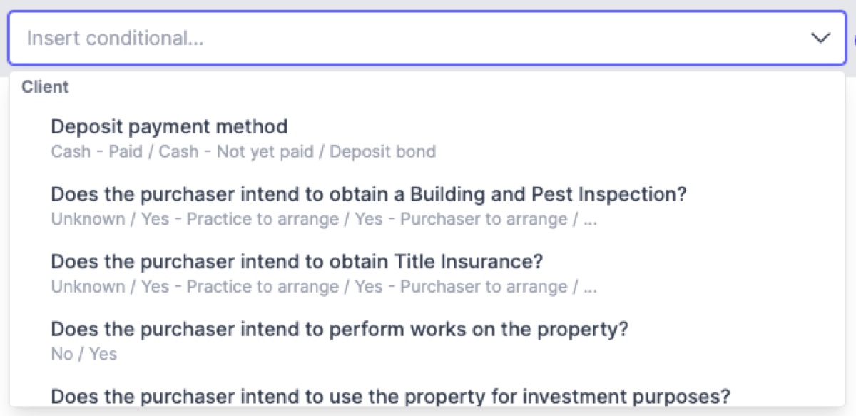 Conditional block picker showing available conditions with their options