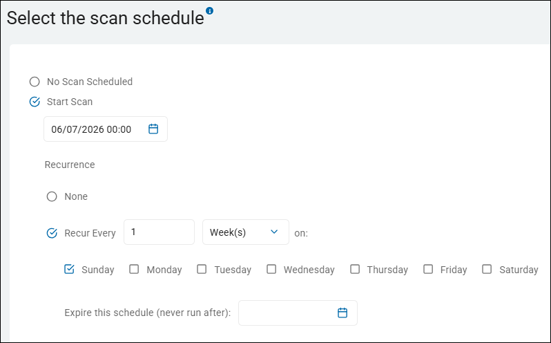 Select the scan schedule weekly Sunday midnight example