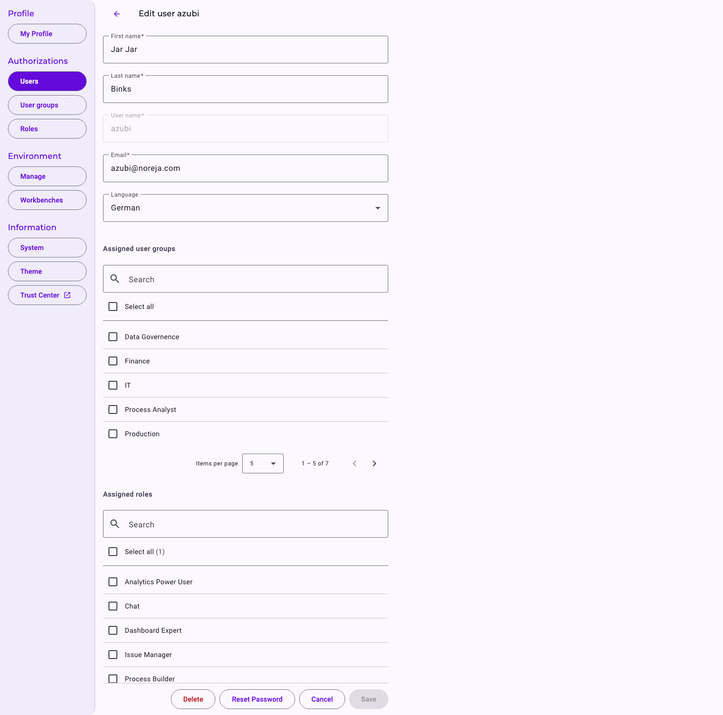 The page Edit user azubi with First name, Last name, the greyed-out User name, Email and Language, the lists Assigned user groups and Assigned roles, and at the bottom the buttons Delete, Reset Password, Cancel and Save