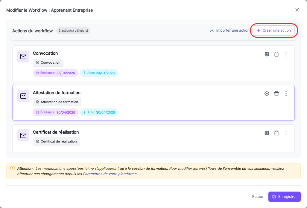 Bouton Modifier le workflow et option Créer une action dans le sous-onglet