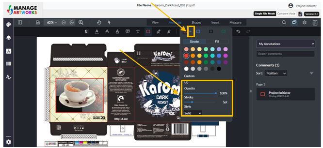 Change the thickness and opacity of a annotated shape on your packaging artwork