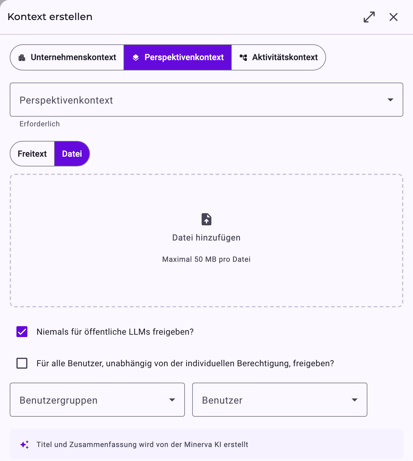 Der Bereich Kontext erstellen für Perspektivenkontext mit einem Bereich zum Hochladen einer Datei