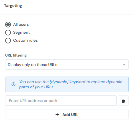 The targeting menu showing targeting options and URL filtering