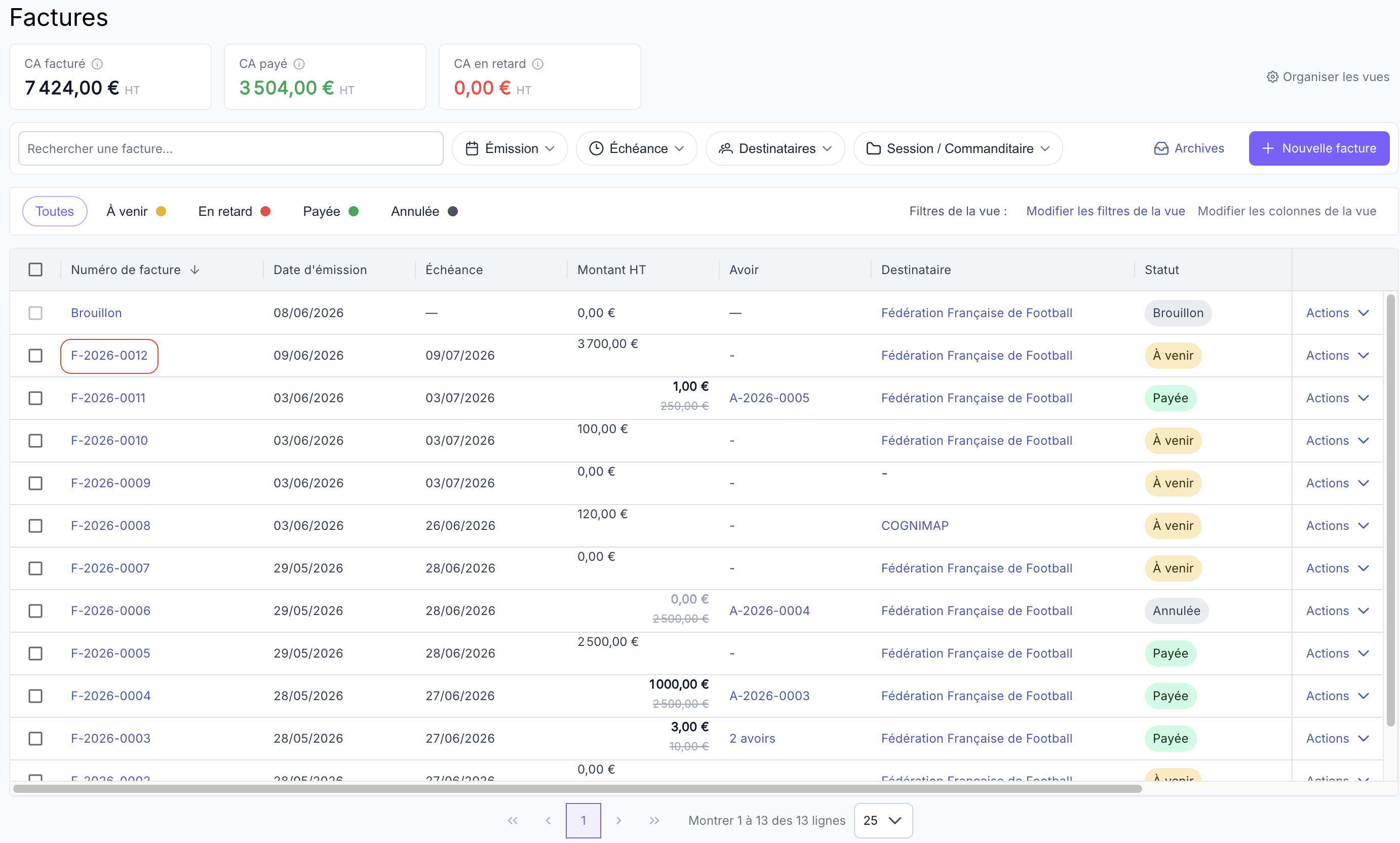Fiche d'une facture avec le statut À venir et les boutons d'action
