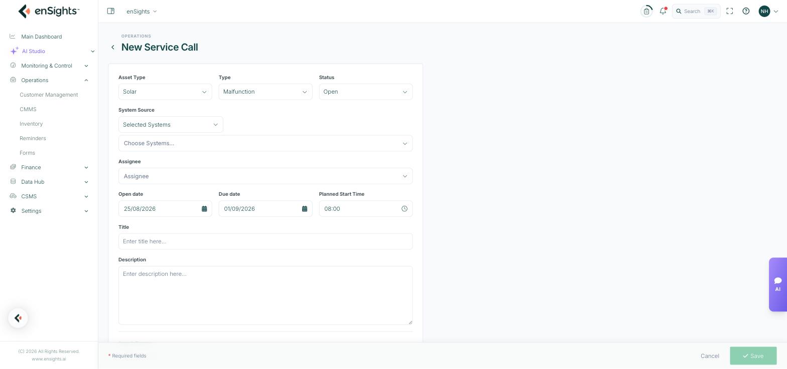 The New Service Call form with asset type, system source, assignee and dates.