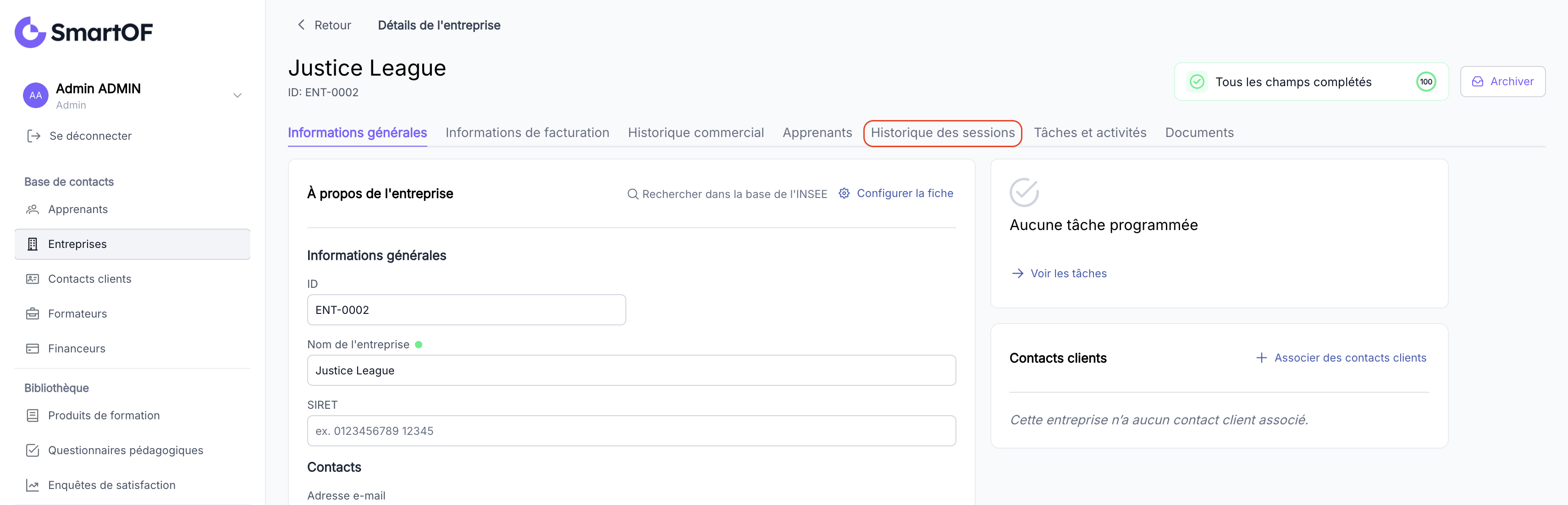 Onglet Sessions sur la fiche entreprise