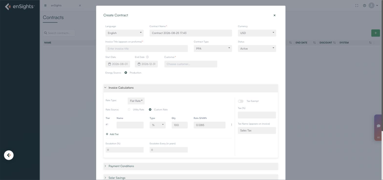 The Invoice Calculations section of the Create Contract form