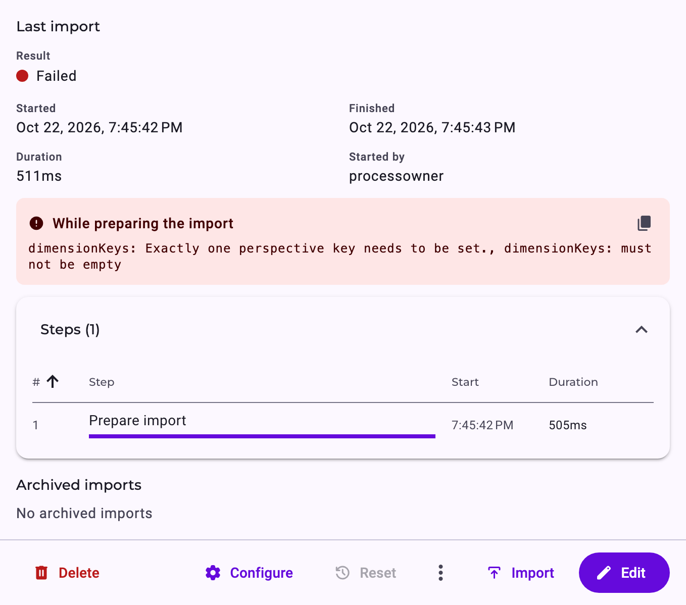 The details of a failed perspective import: Result Failed, duration 1sec 871ms, the error While preparing the import with the message that exactly one perspective key needs to be set, and the step Prepare import