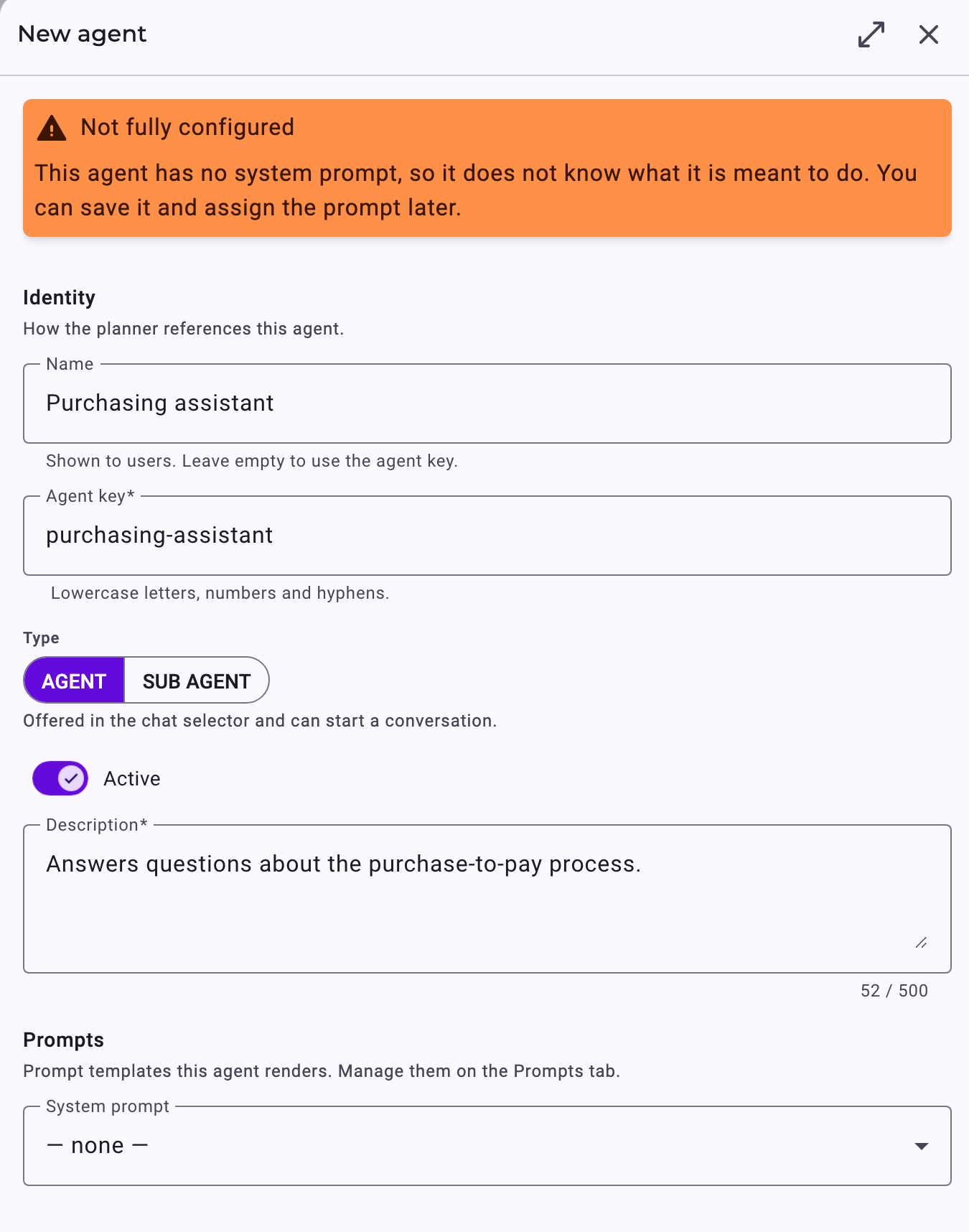 The New agent panel with Identity and Prompts sections