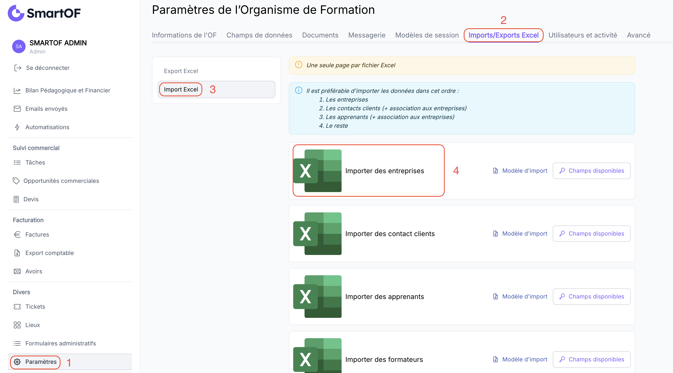 Écran d'import avec sélection du fichier