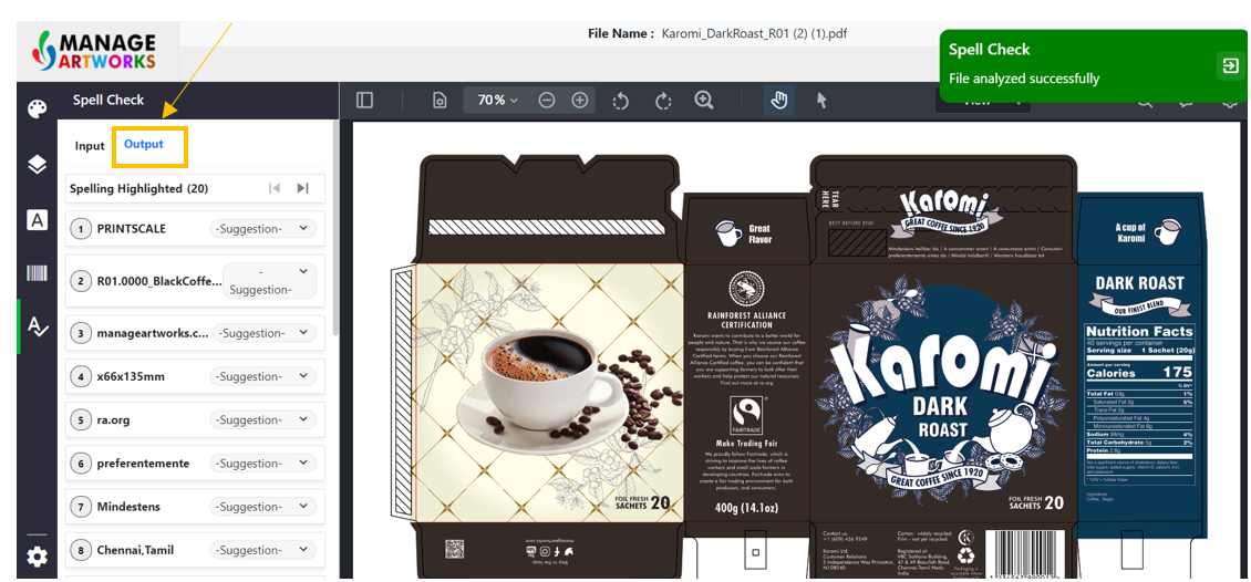 Automatic spellcheck for packaging artworks