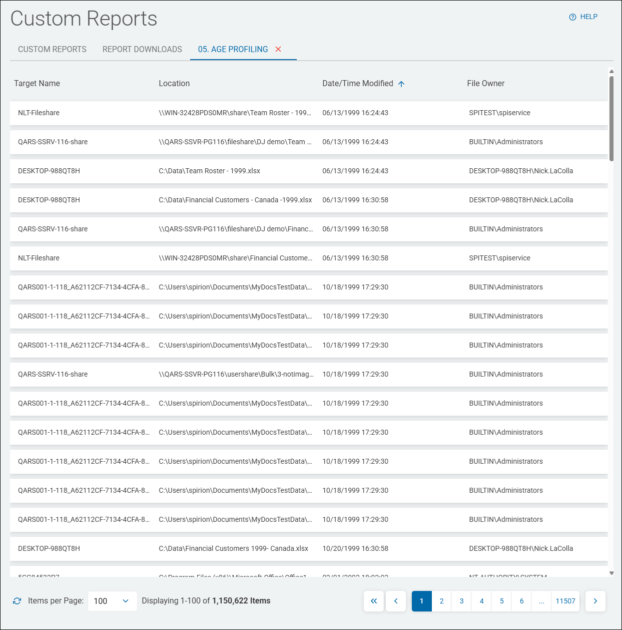 Example Age Profiling report with Target Name - Location - Date/Time Modified - File Owner table columns