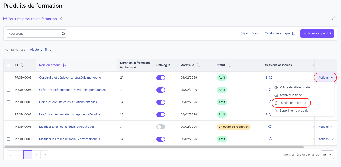Menu Actions ouvert sur une ligne produit, option Dupliquer le produit
