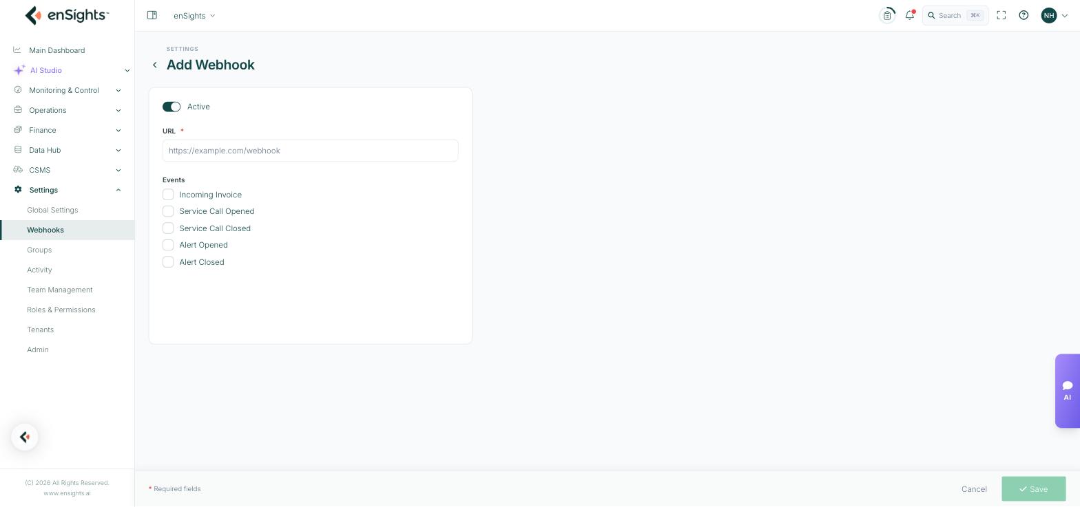The Add Webhook form: an Active toggle, a required URL field, and checkboxes for the five events — Incoming Invoice, Service Call Opened, Service Call Closed, Alert Opened and Alert Closed.